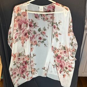 Floral Open-Front Chiffon Kimono - White & Pink